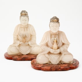 A Pair of Chinese Alabaster Figures of Bodhisattvas 20th Century