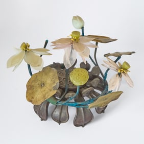 Chinese Hardstone Lotus Grouping and Hardwood Stand 19th Century