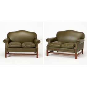 Pair of George III Style Green Leather Upholstered Mahogany Settees