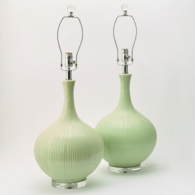 Pair of Asian Style Celadon Green Glazed Ceramic Tabe Lamps
