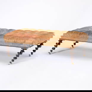 Leather Upholstered Mahogany Ottoman: Height 15 inches, width 48 inches, depth 25 inches. stains to leather; edgewear