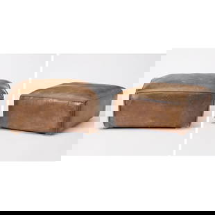 Pair of Leather Ottomans: Height 17 inches, 35 1/4 inches square. some scratches and marks to leather