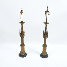 Pair of Gothic Revival Gilt Metal Table Lamps