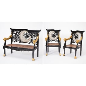 Suite of Chinese Style Ebonized and Parcel Gilt Furniture