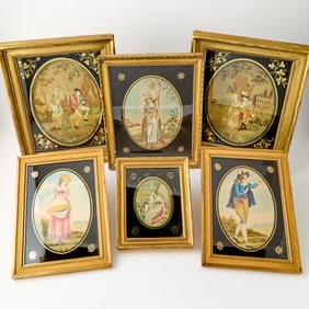 Group of Four English Silk Needlework Pictures Together with a Pair of English Pastoral Watercolors