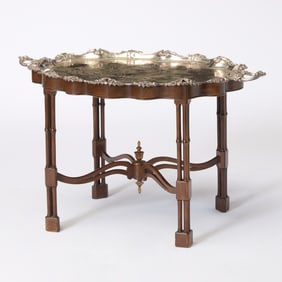 Victorian Silverplate Two-Handled Oval Tray on Later Stand
