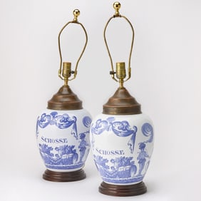 Group of Four Continental Pottery Apothocary Jars as Lamps Fitted as lamps