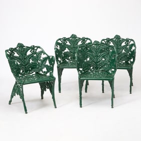 Set of Four American Green Painted Cast Iron Fern Pattern Garden Seats