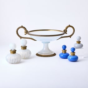 Group of Five Glass Perfume Bottles and a Centerpiece