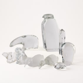 Group Seven Baccarat Glass Figures of Animals Together with a Norwegian Glass Polar Bear Figure