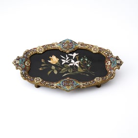 French Gilt Metal, Champlevé Enamel and Pietra Dura Tray