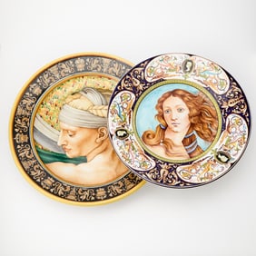 Pair of Italian Hand-Painted Maiolica Portrait Chargers