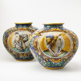 Pair of Italian Hand-Painted Maiolica Portrait Urns