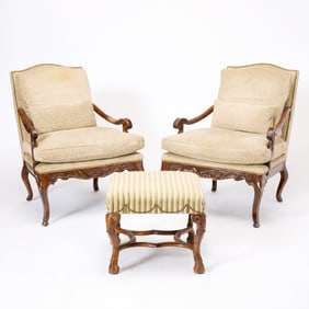 Pair Louis XV Style Walnut Upholstered Fauteuils Together With an Associated Stool