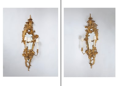 Pair of Louis XV Style Three-light Mirrored Carved Giltwood Wall Appliques