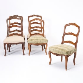 Set of Three Louis XV/XVI Transitional Style Fruitwood Side Chairs Together with a Similar Pair of