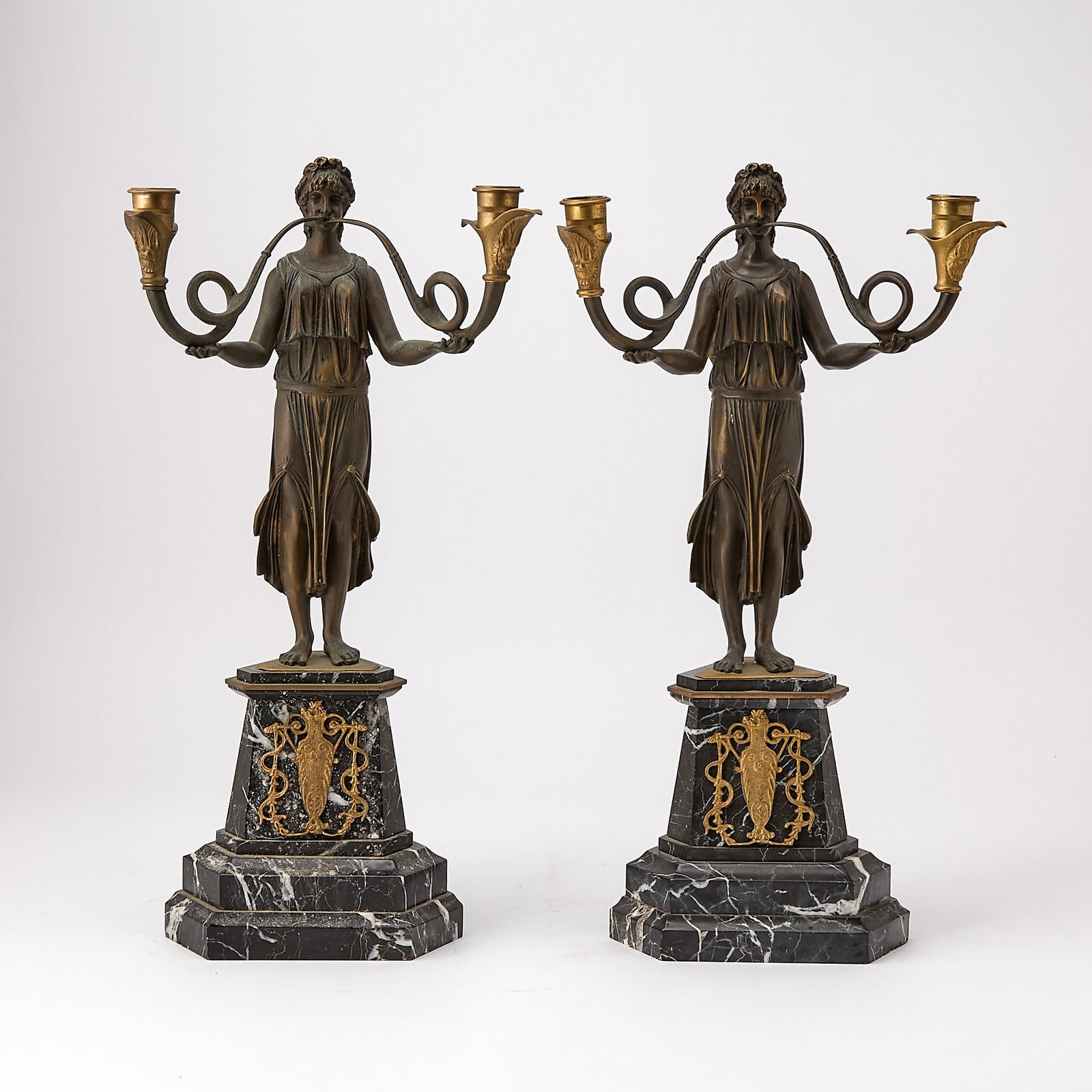Pair of French Empire Style Gilt and Patinated Figural Two-Light Candelabra (1 of 5)