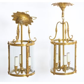 Pair of Louis XVI Style Brass and Glass Lanterns