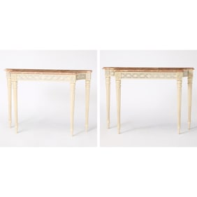 Pair of Louis XVI Style Marble Top Painted Console Tables