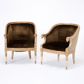 Pair of Louis XVI Style Bergères with Ram's Head Terminals
