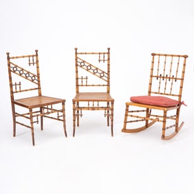 Pair of Bamboo Side Chairs Together with a Bamboo Rocking Chair