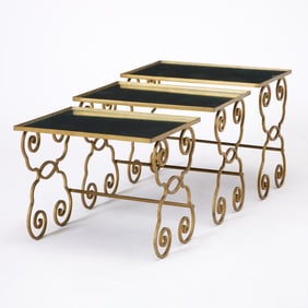 Nest of Three Mirror Top Wrought Iron Side Tables