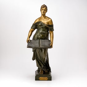 Bronze Figure of a Woman Holding a Music Book Entitled "La Chanson Par Baron"