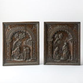 Pair Carved Oak North European Panels Depicting Biblical Scenes