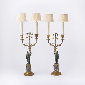 Pair of Empire Style Gilt-Metal and Marble Two-Light Candlesticks as Lamps