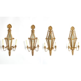 Set of Four Neoclassical Style Giltwood and Composite Mirrored 'Lantern-Form' Two-Light Wall Sconces