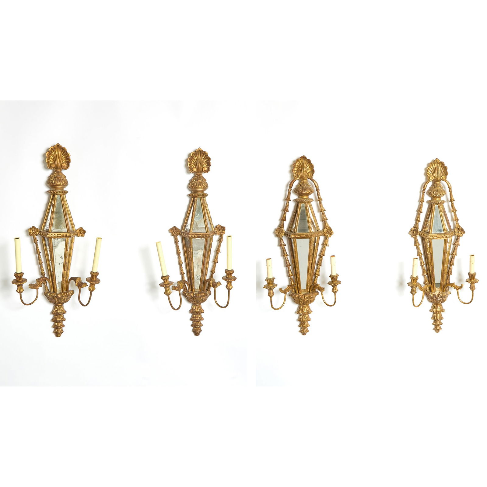 Set of Four Neoclassical Style Giltwood and Composite Mirrored 'Lantern-Form' Two-Light Wall Sconces (1 of 4)