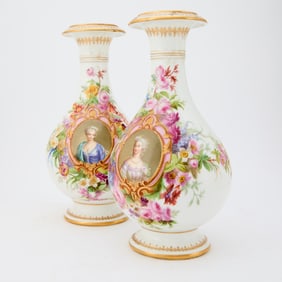 Pair of Continental Painted Porcelain Portrait Vases