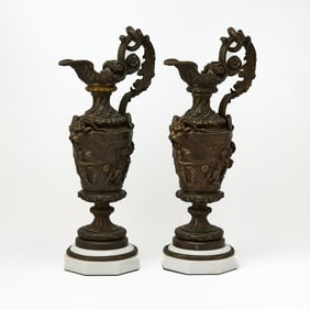 Pair of Napoleon III Style Patinated Bronze Ewers
