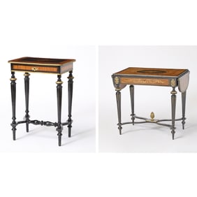 Two Napoleon III Style Part Ebonized Marquetry Side Tables