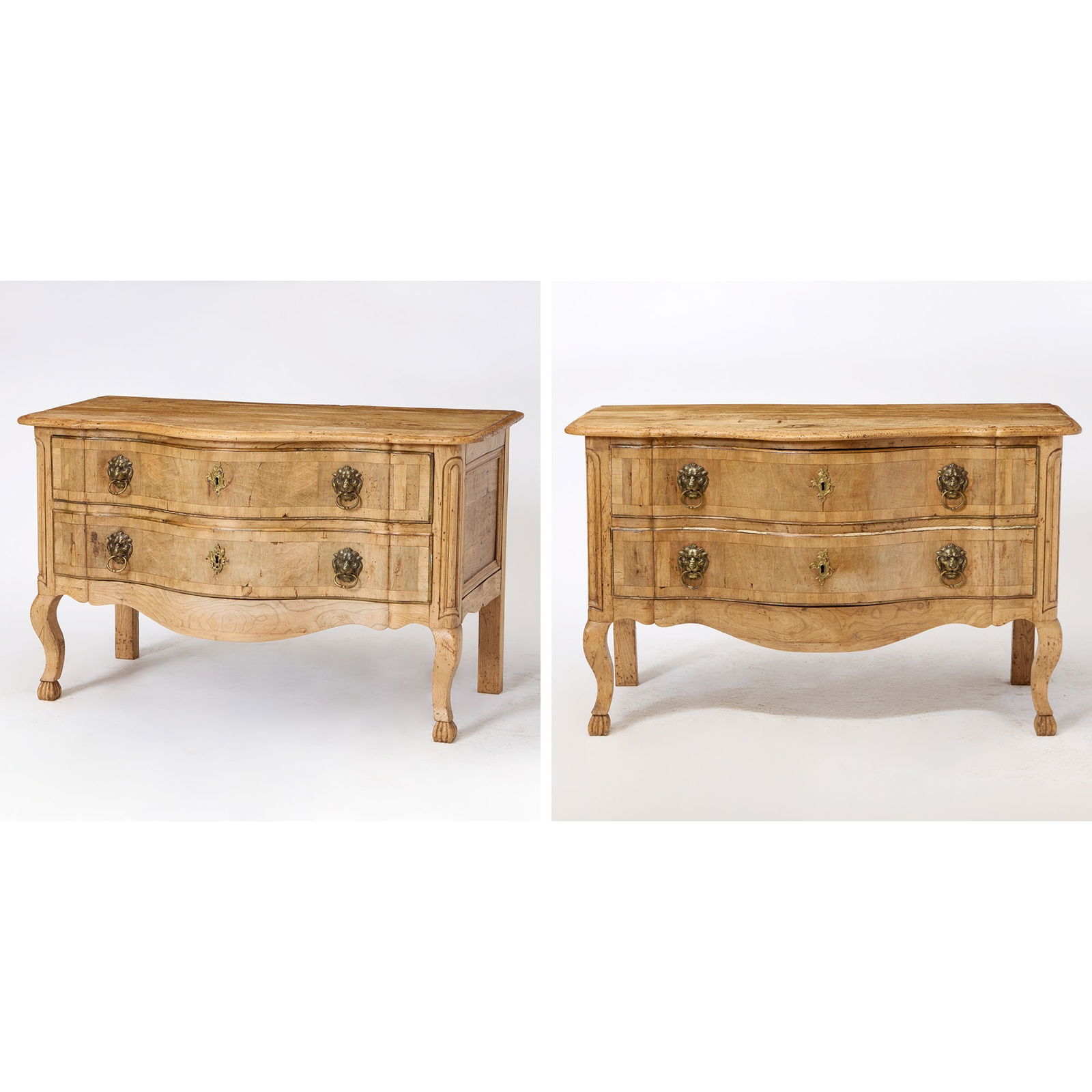 Pair of Continental Inlaid Walnut Commodes: Partially composed of older elements Height 34 inches, width 55 inches, depth 30 1/2 inches. Extensive sunfading; age cracks; evidence of old woodworm