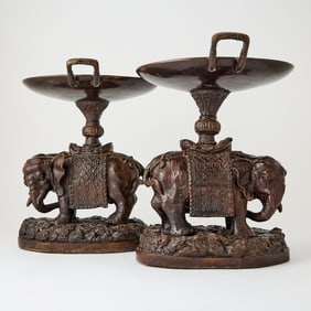 Pair of Patinated Bronze Two-Handled Tazzas With Elephants