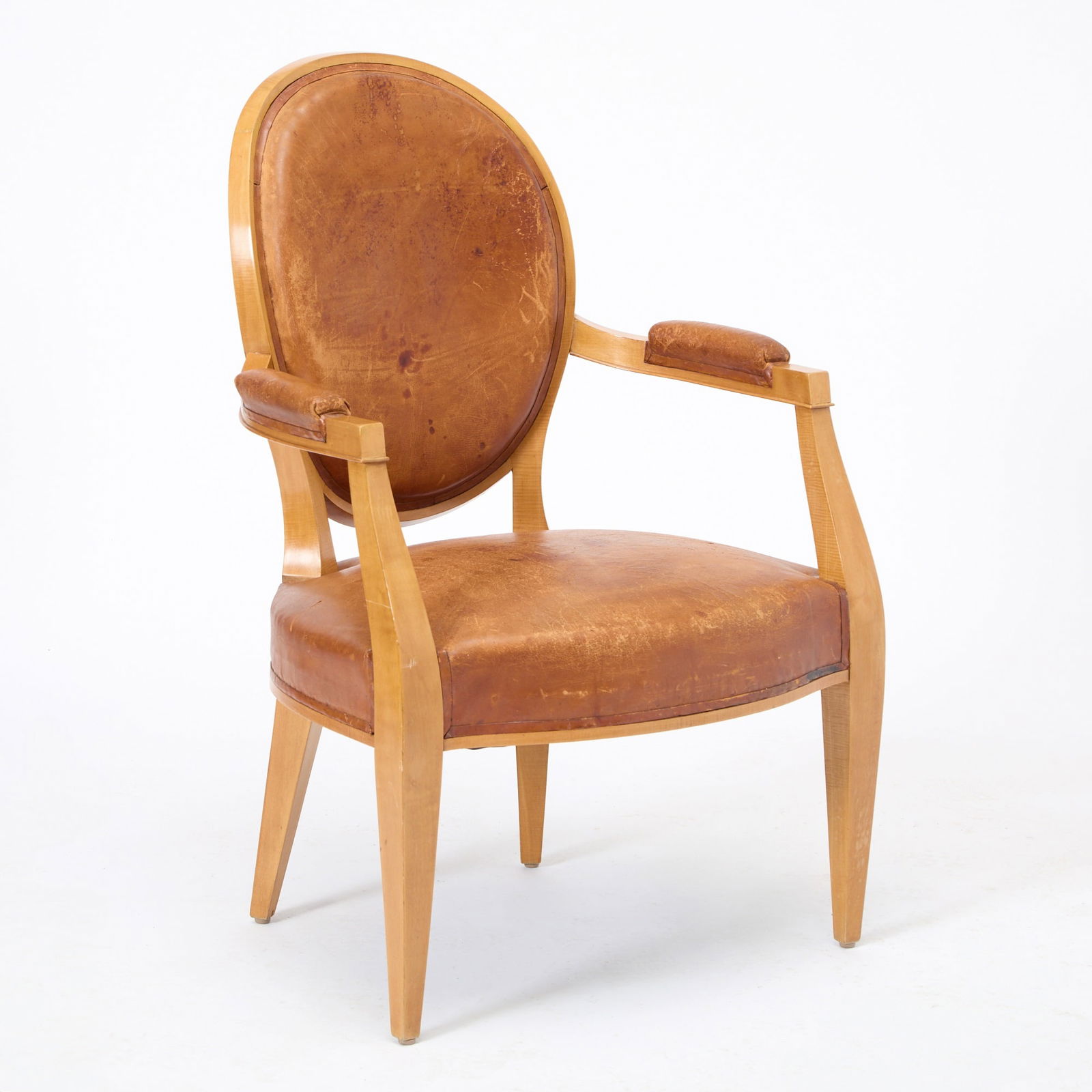 Andre Arbus Leather Upholstered Fauteuil: France, circa 1930 Height 37 3/4 inches, width 25 inches, depth of seat 20 inches, height of seat 16 inches. Provenance: Barry Friedman Fine Art staining an