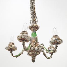 Shell-Clad and Beach Glass-Clad Metal Five-Light Chandelier