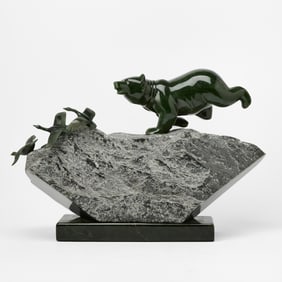 Lyle Sopel Carved Nephrite Jade Sculpture of a Bear and Three Geese Titled 'Spooked'