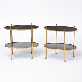 Pair of Leather Top Brass Oval Two-Tier Side Tables