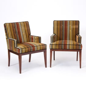 Pair of Scalamandre Upholstered Mahogany Armchairs Chairs