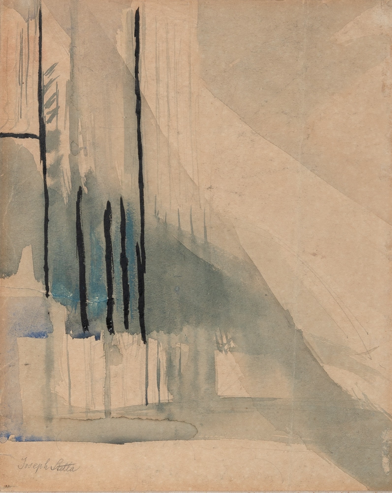 Joseph Stella: American, 1877-1946Study for a BridgeSigned Joseph Stella (ll)Watercolor on paper 11 x 8 3/4 inches (27.9 x 22.2 cm) (Framed 17 x 15 inches) Paper