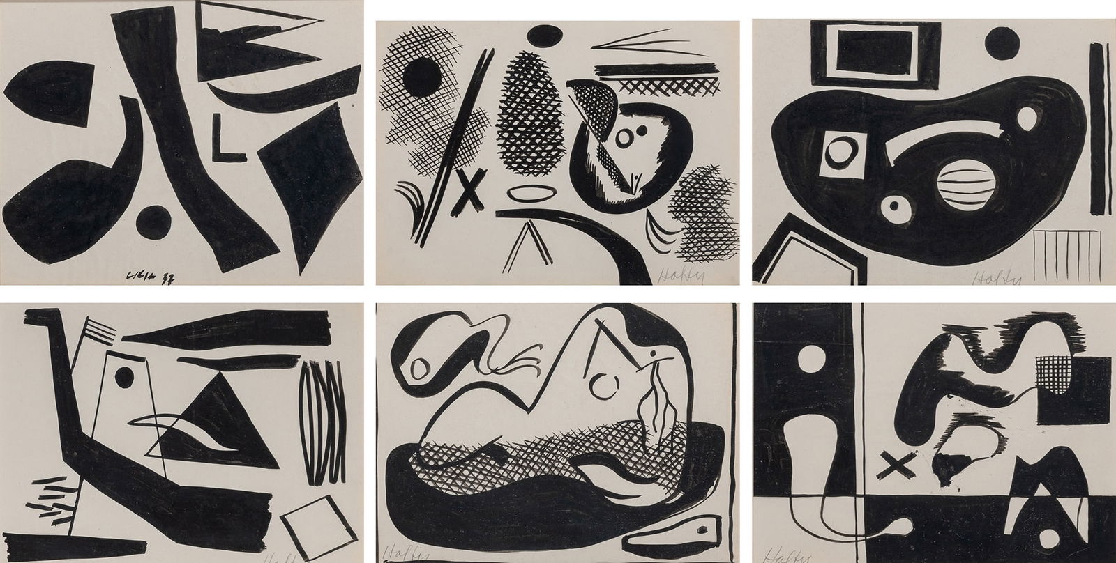 Carl Robert Holty: American, 1900-1973Abstraction, circa 1937: Six Signed Holty (ll, lr); one signed and dated CRH 37 (lc)India ink on paper laid down on boardEach 7 x 9 1/2 inches (17.8 x 24.1 cm)