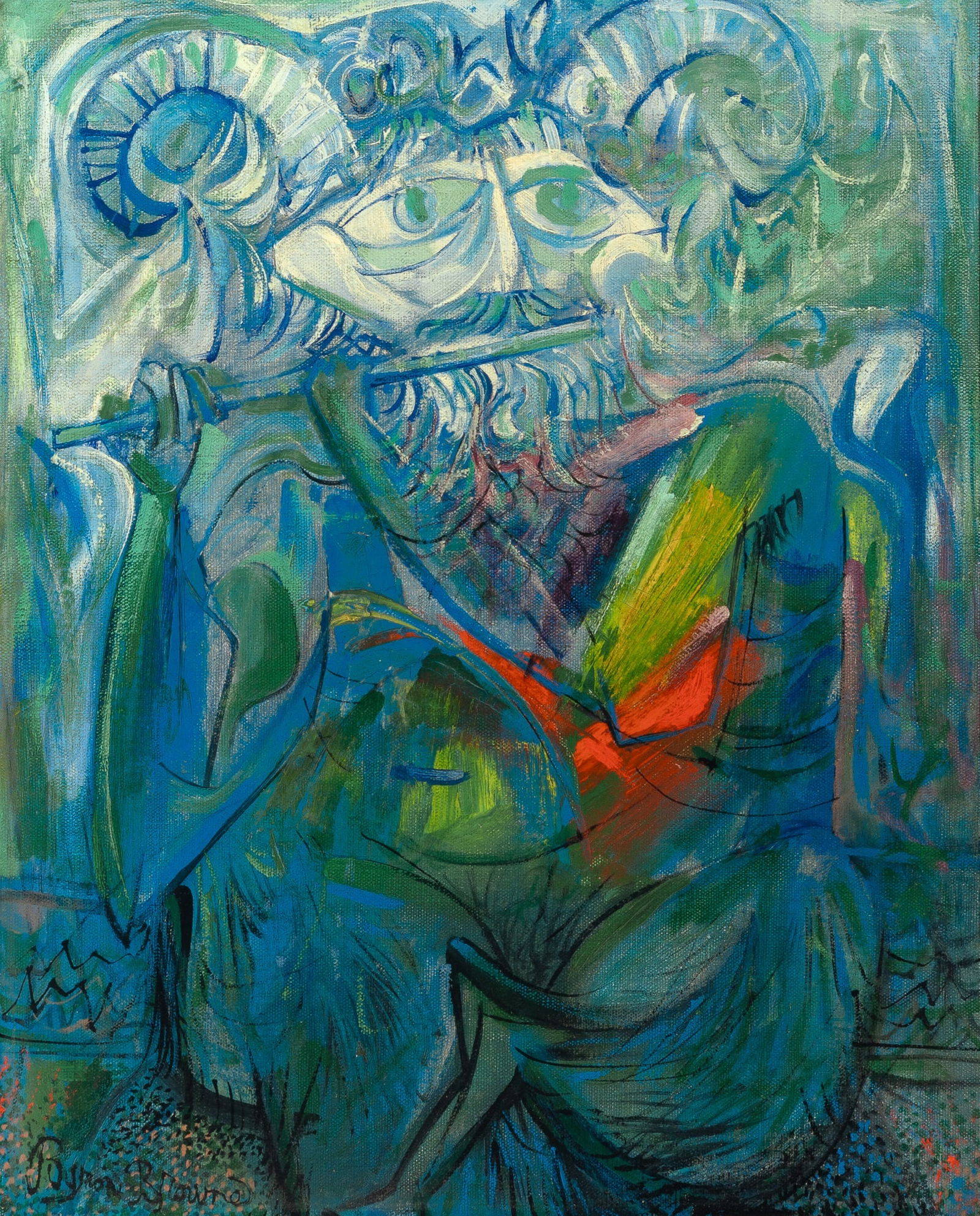 Byron Browne: American, 1907-1961Satyr, 1956Signed Byron Browne (ll); signed and dated Byron Browne 1956 and inscribed as titled on the reverseOil on canvas20 x 16 inches (50.8 x 40.6 cm)