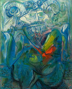 Byron Browne: American, 1907-1961 Satyr, 1956 Signed Byron Browne (ll); signed and dated Byron Browne 1956 and inscribed as titled on the reverse Oil on canvas 20 x 16 inches (50.8 x 40.6 cm) (Framed 27 x 23 1/4
