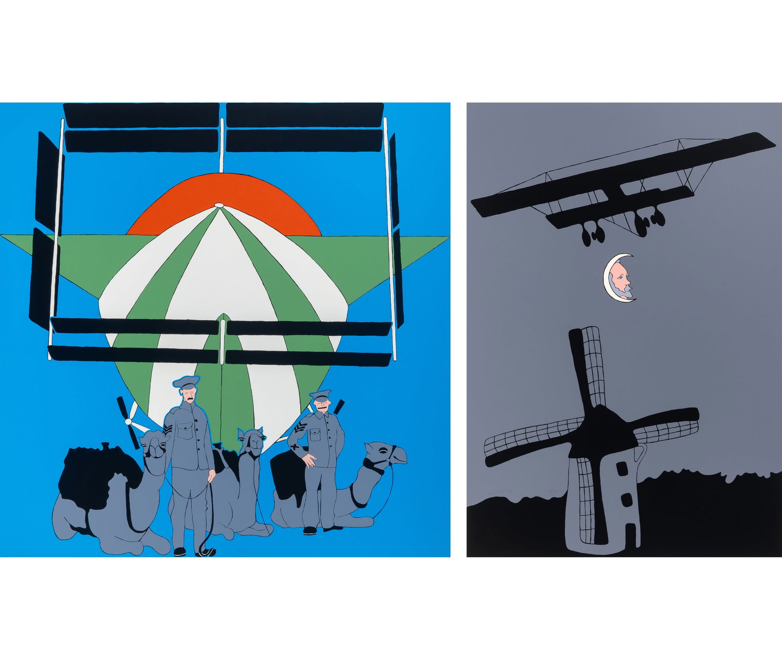 John Wesley (1928-2022): ANGLO-EGYPTIAN CAMEL CORPS WITH FRENCH DIRIGIBLE; TWILIGHT OVER THE LOWLANDSTwo color screenprints, 1970, on wove paper, signed and numbered 103/150 and 78/150 in pencil, with full margins, unframed.S
