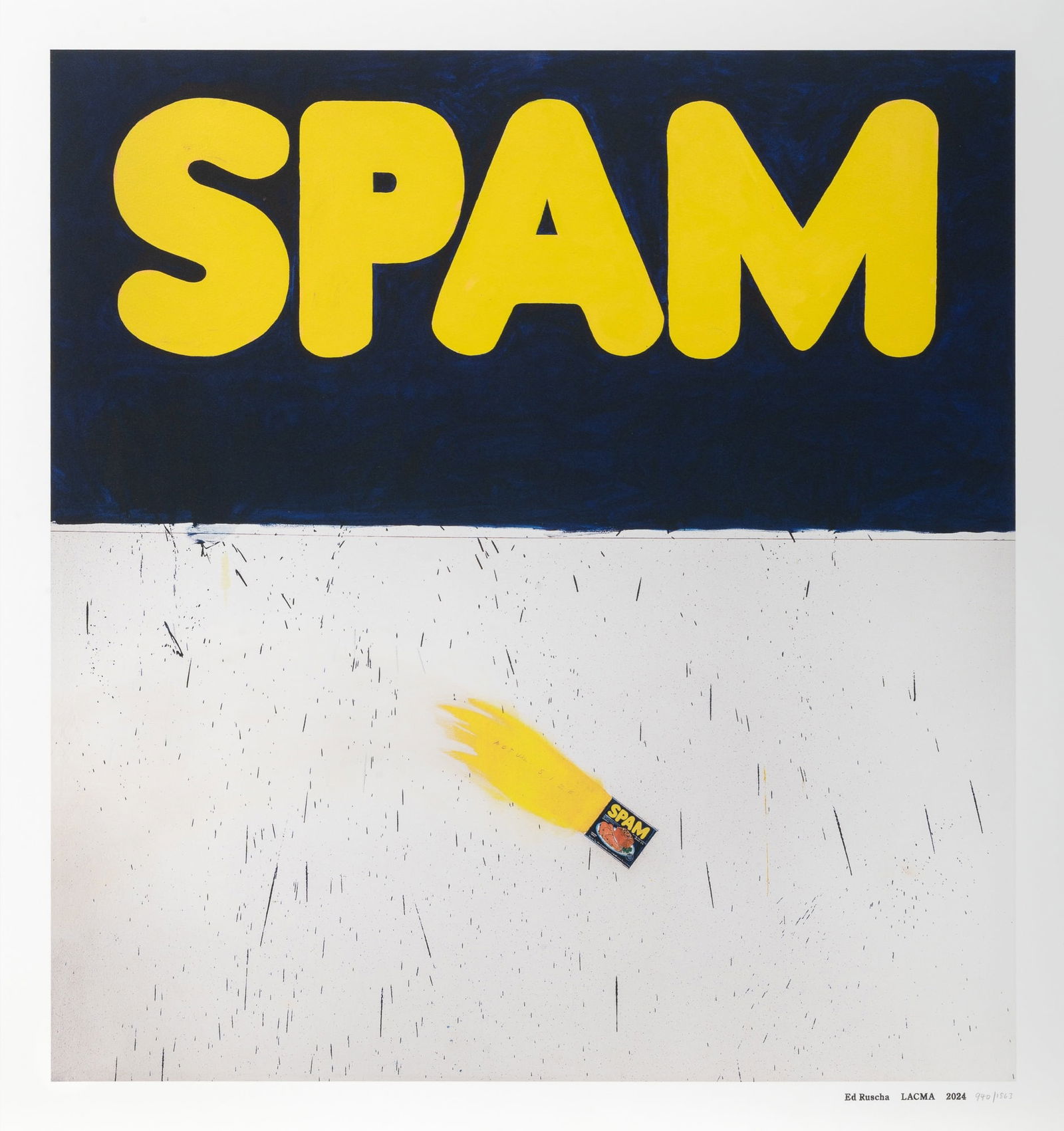 Ed Ruscha (b. 1937): ACTUAL SIZE (SPAM)UV pigment print with yellow screenprint and matte varnish seal, 2024, on Somerset Tub Sized Radiant White paper, numbered 940/1863 in pencil, published by Los Angeles County Museum