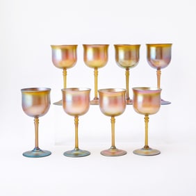 Set of Eight Tiffany Gold Favrile Glass Wine Glasses