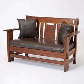 Charles Stickley Oak and Leather "Cut Out" Settee