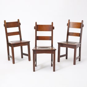 Set of Three Gustav Stickley Oak and Leather Model No. 1291 “Rabbit Ear” Side Chairs